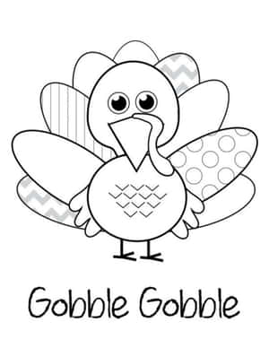 黑白火雞填色頁，帶有圖案羽毛和 'Gobble Gobble' 文字。