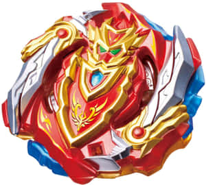 紅色、金色和藍色的Beyblade玩具，帶有龍臉和火焰設計。