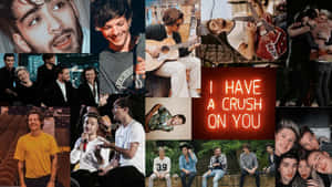 One Direction拼貼畫，帶有寫著「I HAVE A CRUSH ON YOU」的霓虹燈牌
