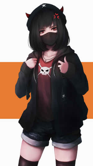 動漫女孩，有惡魔角和面具，穿著骷髏衫和連帽衫。