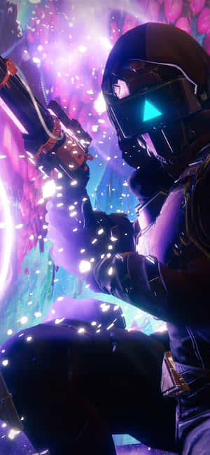 未來士兵在霓虹宇宙爆炸中開火