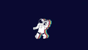 一位白色太空人，四肢為彩虹色，在深色背景下行走，手持音響。