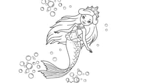 一位戴著皇冠、頭髮飄逸的美人魚在水中游動，周圍環繞著氣泡。