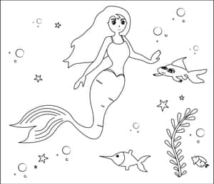 一條人魚和一條魚在水底游動，伴有海草和氣泡。
