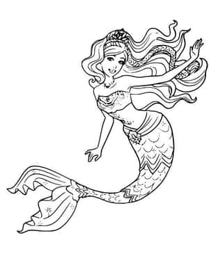 一位擁有飄逸頭髮和鱗片尾巴的美人魚，以填色書風格呈現。
