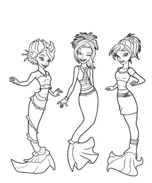 三個微笑的美人魚女孩黑白線條藝術填色頁。