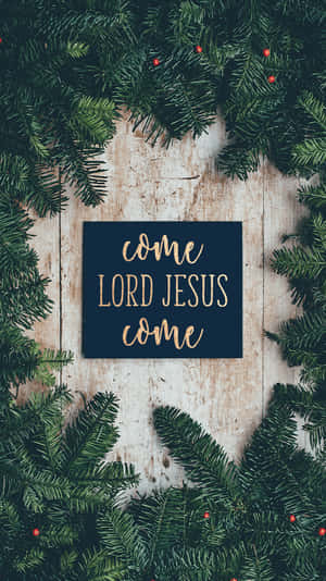 聖誕花環與松樹和漿果圍繞著一塊寫有「come LORD JESUS come」的木製標牌。