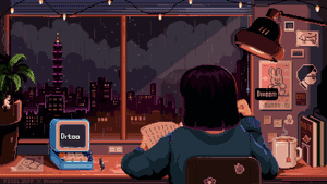 人物在書桌前，有咖啡和燈，望向雨濕的城市窗戶夜景。 — 桌面美學 壁紙