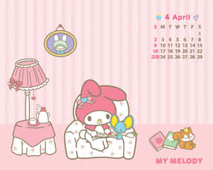 My Melody 在粉紅色花卉房間裡與藍色老鼠一起閱讀。