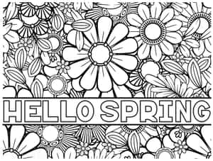 帶有「Hello Spring」文字的黑白花卉填色頁。