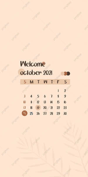 2021年10月日曆，米色背景和葉片圖案。