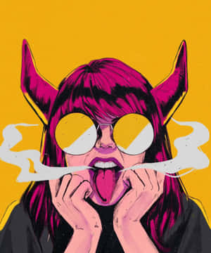 一個擁有洋紅色頭髮和角的龐克惡魔女孩吸煙並伸出舌頭。
