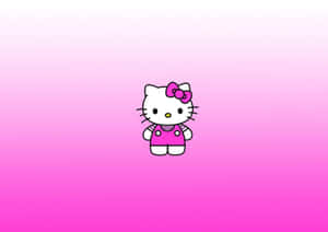 Hello Kitty 卡通角色穿著粉紅色工人褲，站在粉紅色漸變背景上。
