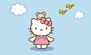 Hello Kitty 與泰迪熊和小鳥在藍天白雲中飛翔。