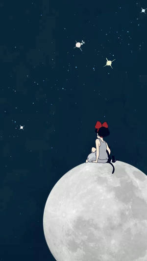 戴紅色蝴蝶結的女孩和貓坐在星空下的月亮上