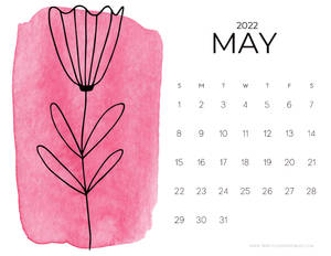 2022年5月月曆，粉紅色水彩和黑色線條花朵插圖。