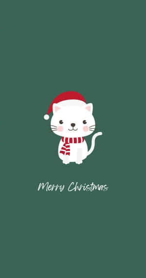 白色卡通貓咪戴聖誕帽和圍巾，綠色背景上有Merry Christmas文字。