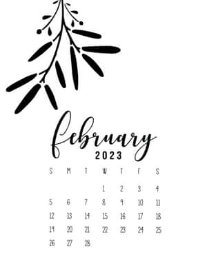 2023年2月日曆，帶有裝飾性樹葉枝條的黑白設計。