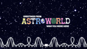 一個色彩繽紛的「Greetings from AstroWorld」標牌，在星空下配有過山車。 — 藝術 壁紙