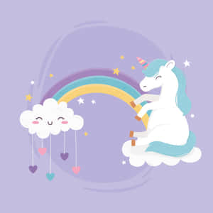 一隻微笑的獨角獸騎著彩虹雲，旁邊有心形雨雲。 — 彩虹 壁紙