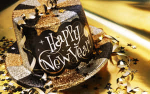 節日黑色和金色閃亮高頂禮帽，帶有Happy New Year文字，周圍環繞五彩紙屑。