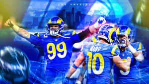 公羊隊美式足球員在閃爍的城市景觀前高舉雙臂慶祝勝利。