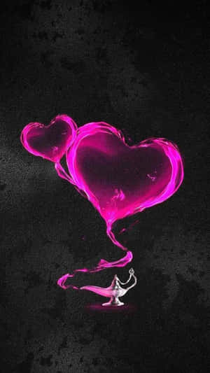 兩顆發光的粉紅色心形從銀色神燈中飄出，深色背景。