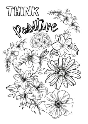 黑白花卉插圖，附有「THINK positive」文字供填色。
