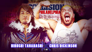 摔角手 Hiroshi Tanahashi 和 Chris Dickinson 穿著戰鬥裝備，挑釁地擺姿勢。