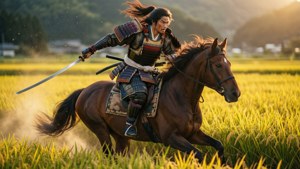 武士騎馬衝過金色稻田，夕陽西下。