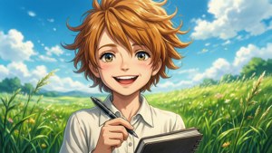 一個快樂的動漫男孩，橙色頭髮，在陽光明媚的草地上拿著筆和筆記本，背景是藍天白雲。