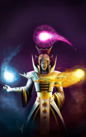 穿著金色盔甲的奇幻巫師揮舞著魔法能量球和閃電。