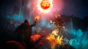 戰士騎公牛在發光洞穴中與骷髏惡魔戰鬥。
