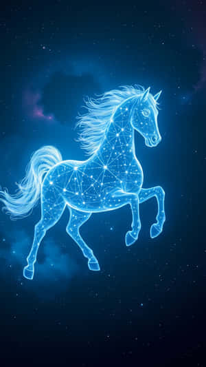 一匹由星星和線條組成的發光藍色馬奔馳在星塵和星雲的宇宙天空中。