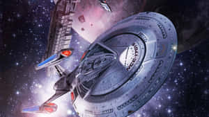 星艦企業號NCC-1701在深空中靠近一個有漂浮碎片的行星。