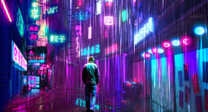 夜晚在霓虹燈照亮的雨巷中行走的人