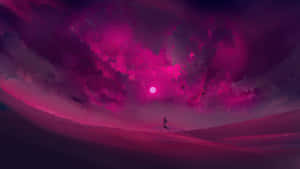 一個人的剪影站在彎曲的地平線上，背景是充滿活力的粉紅色日落天空。