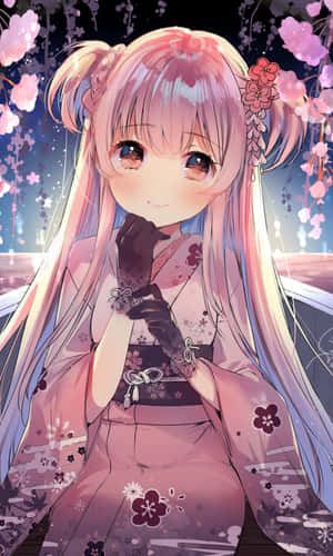 動漫女孩穿著粉紅色和服在櫻花下微笑。 — Galaxy Tab A 壁紙