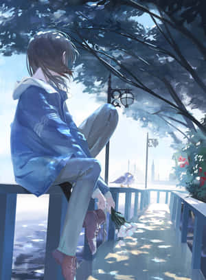 動漫女孩穿著藍色外套，在陽光明媚的橋上拿著白色的花。 — 樹 壁紙