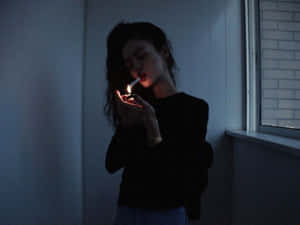 女人在昏暗的藍光下，在室內窗邊點燃香煙。