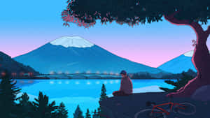 騎自行車的人坐在樹下，黃昏時俯瞰湖泊和富士山。
