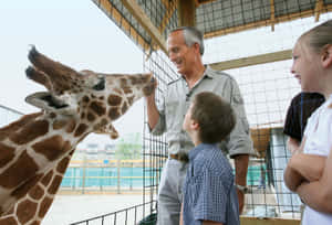 男子在動物園餵長頸鹿給孩子們看