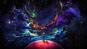 人和狗在粉紅色星球上觀看太空中色彩繽紛的星雲。