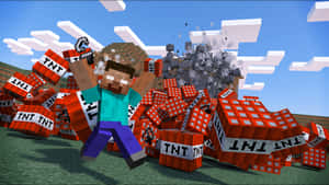 Minecraft角色在像素化景觀中被爆炸的TNT方塊包圍。