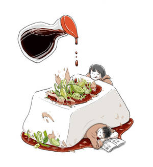 兩個孩子藏在巨型豆腐塊下，醬油正倒在沙律上。 — 藝術 壁紙