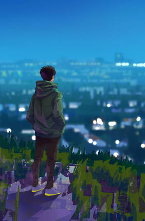 穿著連帽衫的人從山頂俯瞰夜晚的城市燈光 — Honor MagicPad 3 Pro 12.3 壁紙