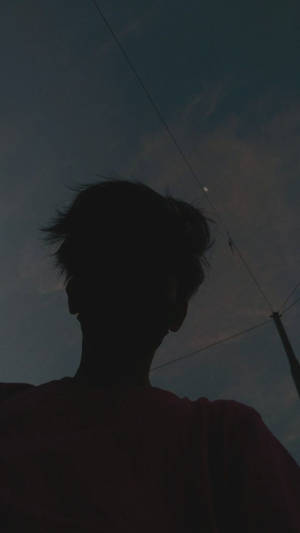 剪影人物仰望有電線嘅黃昏天空。