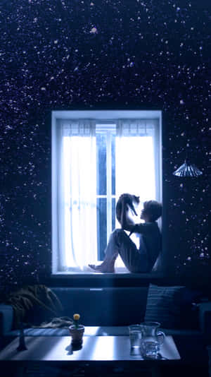 人在窗邊抱貓，星空下