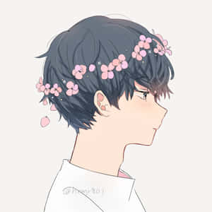 動畫男孩，深色頭髮和粉紅櫻花，側面輪廓。