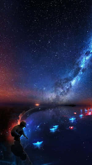 一個人在繁星點點的夜空下釋放發光紙船的剪影，背景有銀河。 — 星星 壁紙